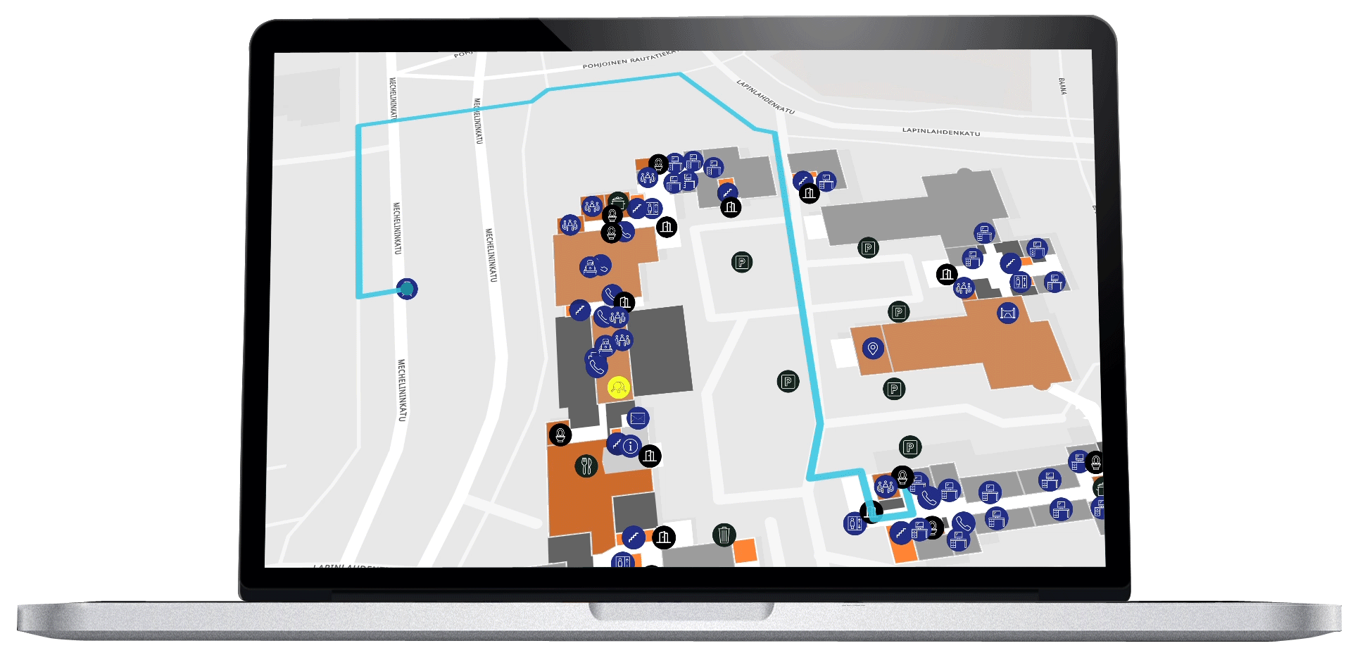 Gif showing a wayfinding route going from inside a building to out to the street and to a tram stop