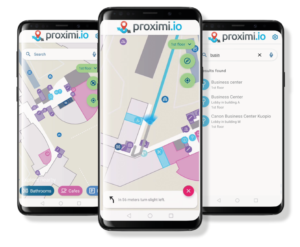 3 mobile phones showing indoor map and indoor navigation