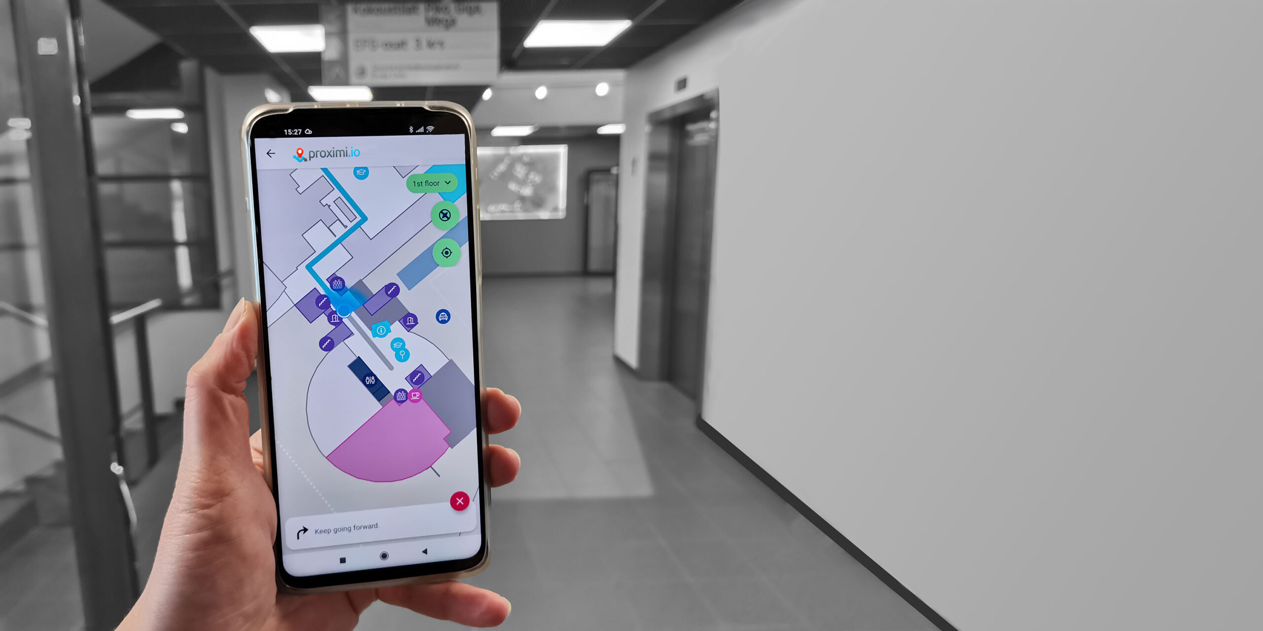 Indoor navigation at an office complex, on a mobile phone