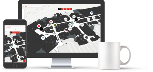 Interactive indoor maps of a mall, displayed on a mobile device and a computer screen