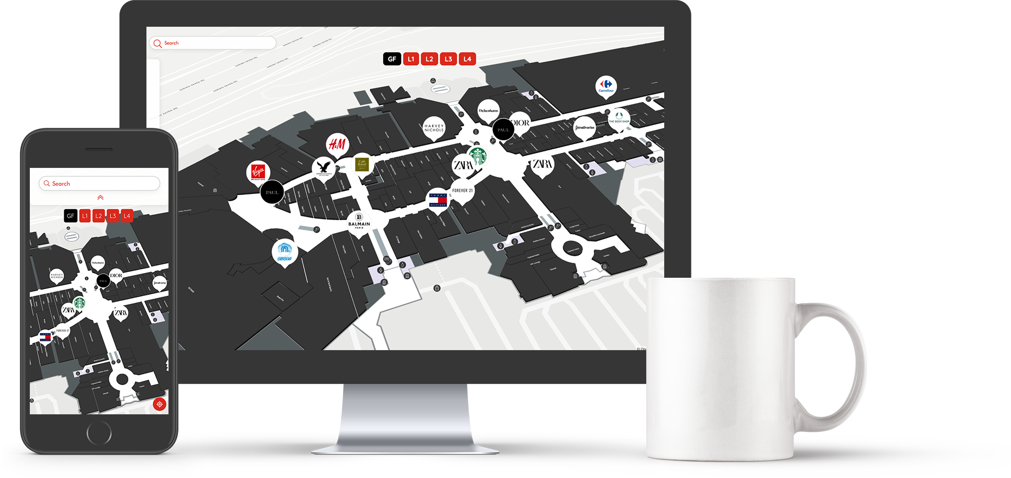 Interactive indoor maps of a mall, displayed on a mobile device and a computer screen